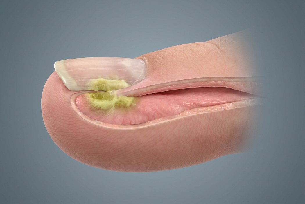 Cross-section of a toe showing fungus under the nail at the root
