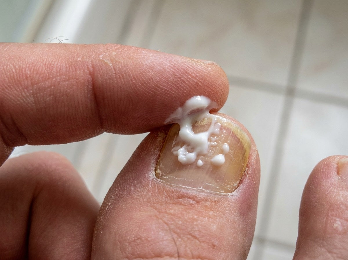 White antifungal cream sitting on top of a thick yellowed toenail, unable to soak in