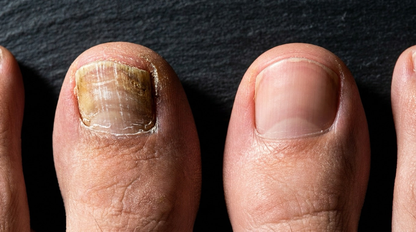 A severely infected fungal toenail next to a healthy clear toenail