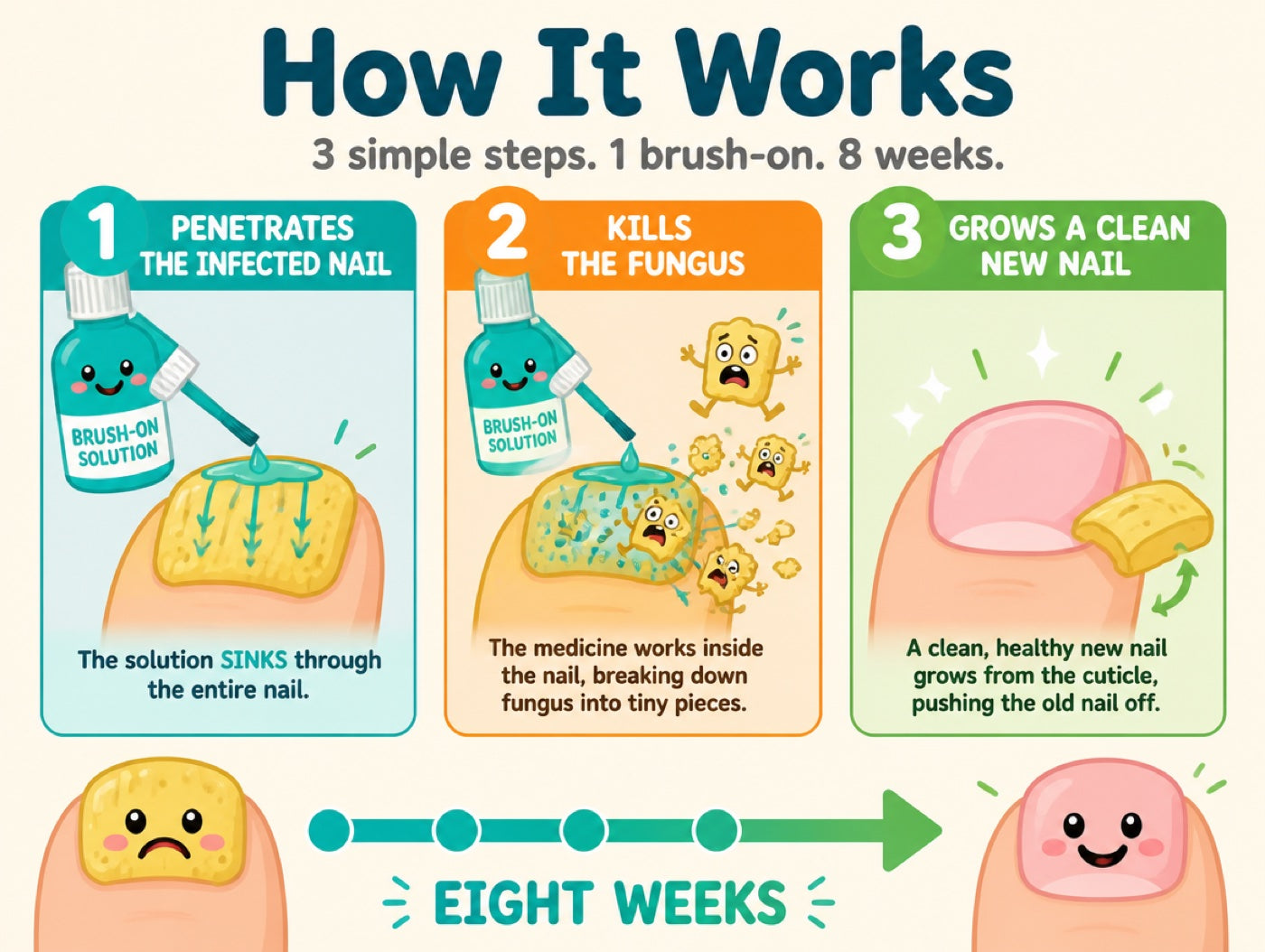 Simple illustration of 3-step formula: penetrates the infected nail, kills the fungus, grows a clean new nail