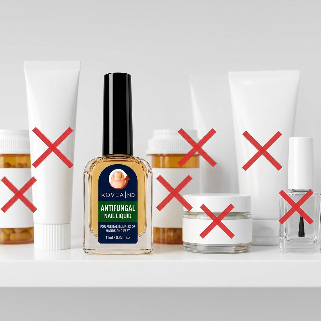 Generic creams and pills crossed out around the KoveaMD bottle