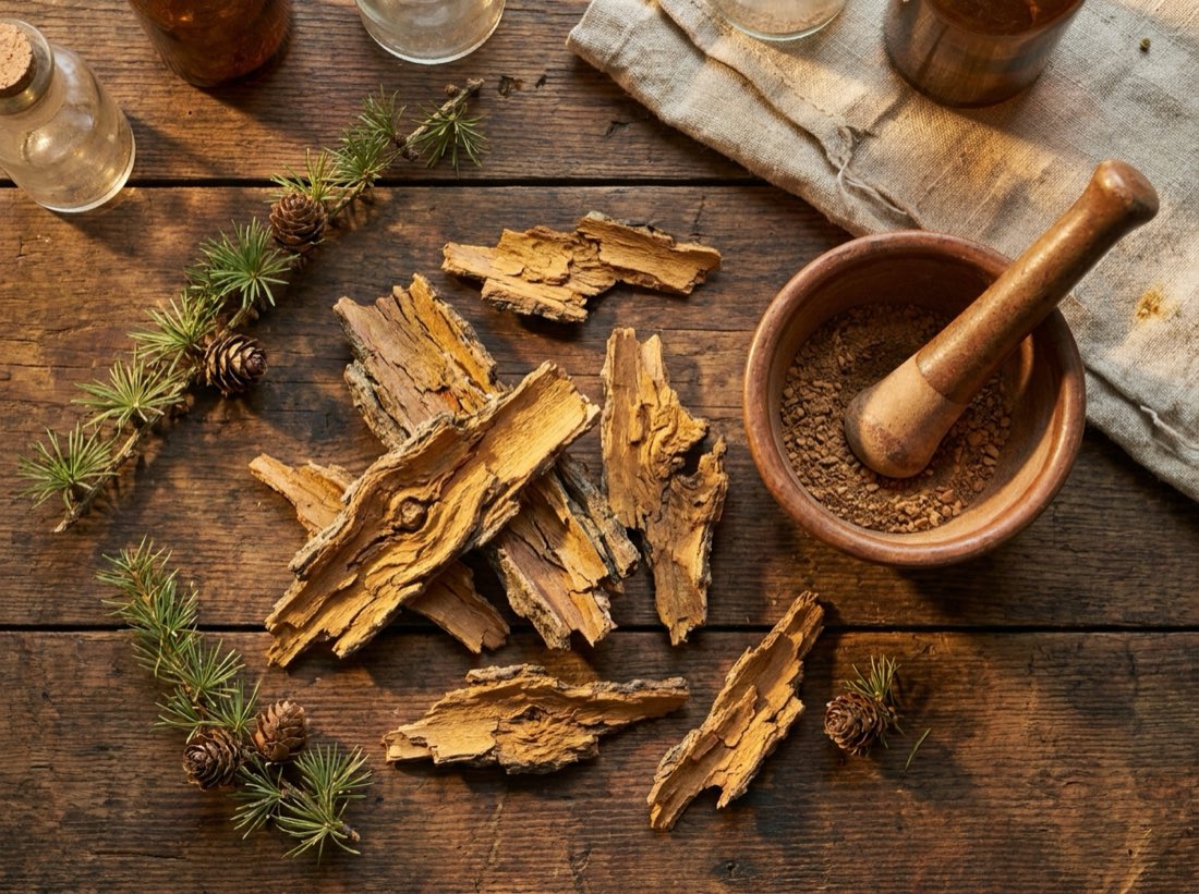 Golden larch bark pieces and ground bark powder in a mortar on a wooden table