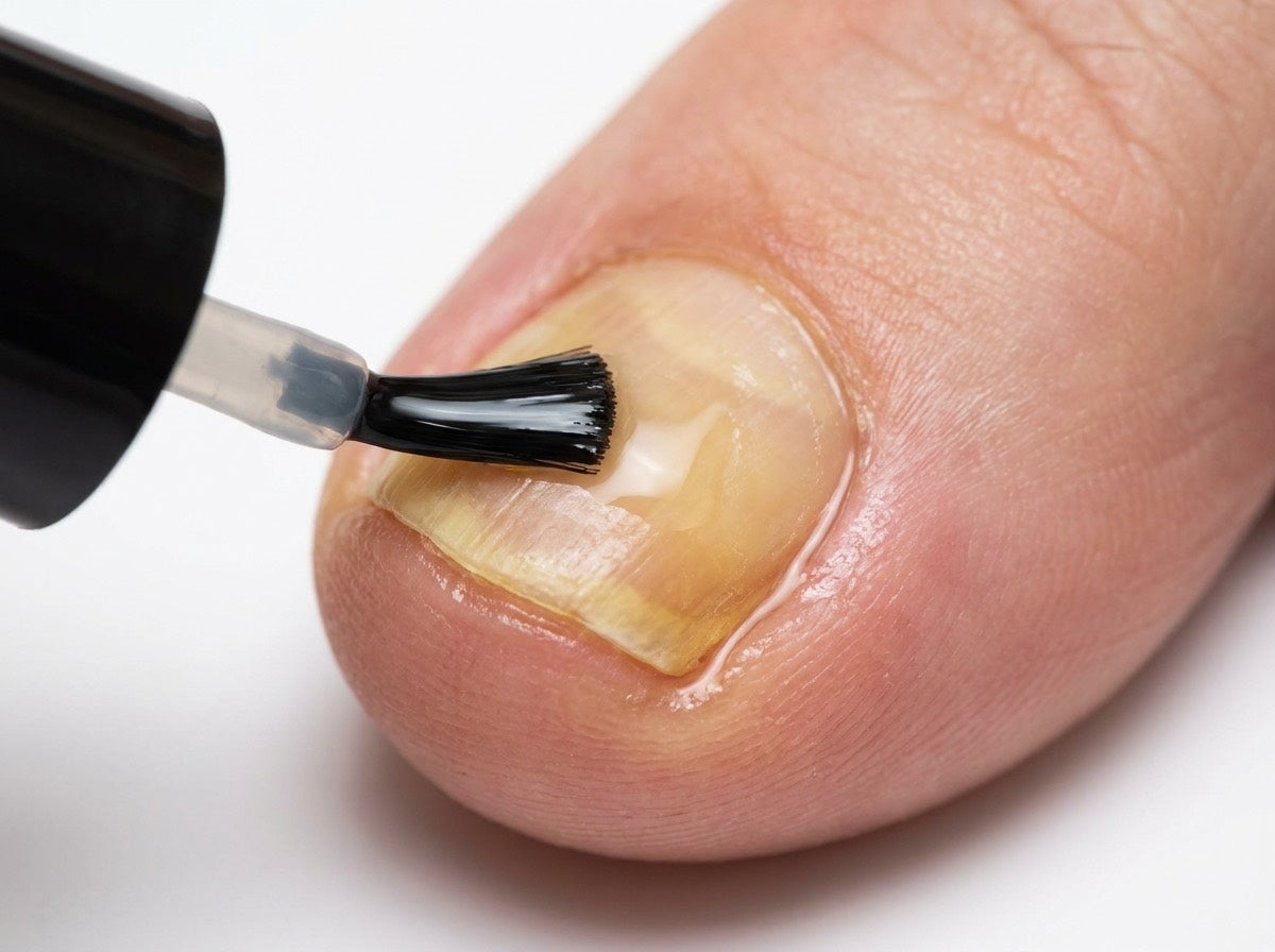 A precision brush painting clear liquid that soaks around and under the base of a yellowed toenail