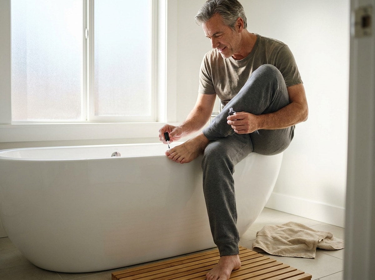 A man sitting on the edge of his bathtub brushing the formula onto his big toenail