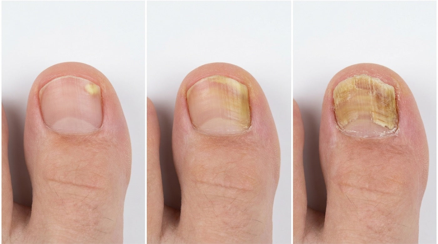 Three photos showing toenail fungus progressing from a small spot to a thick crumbly nail
